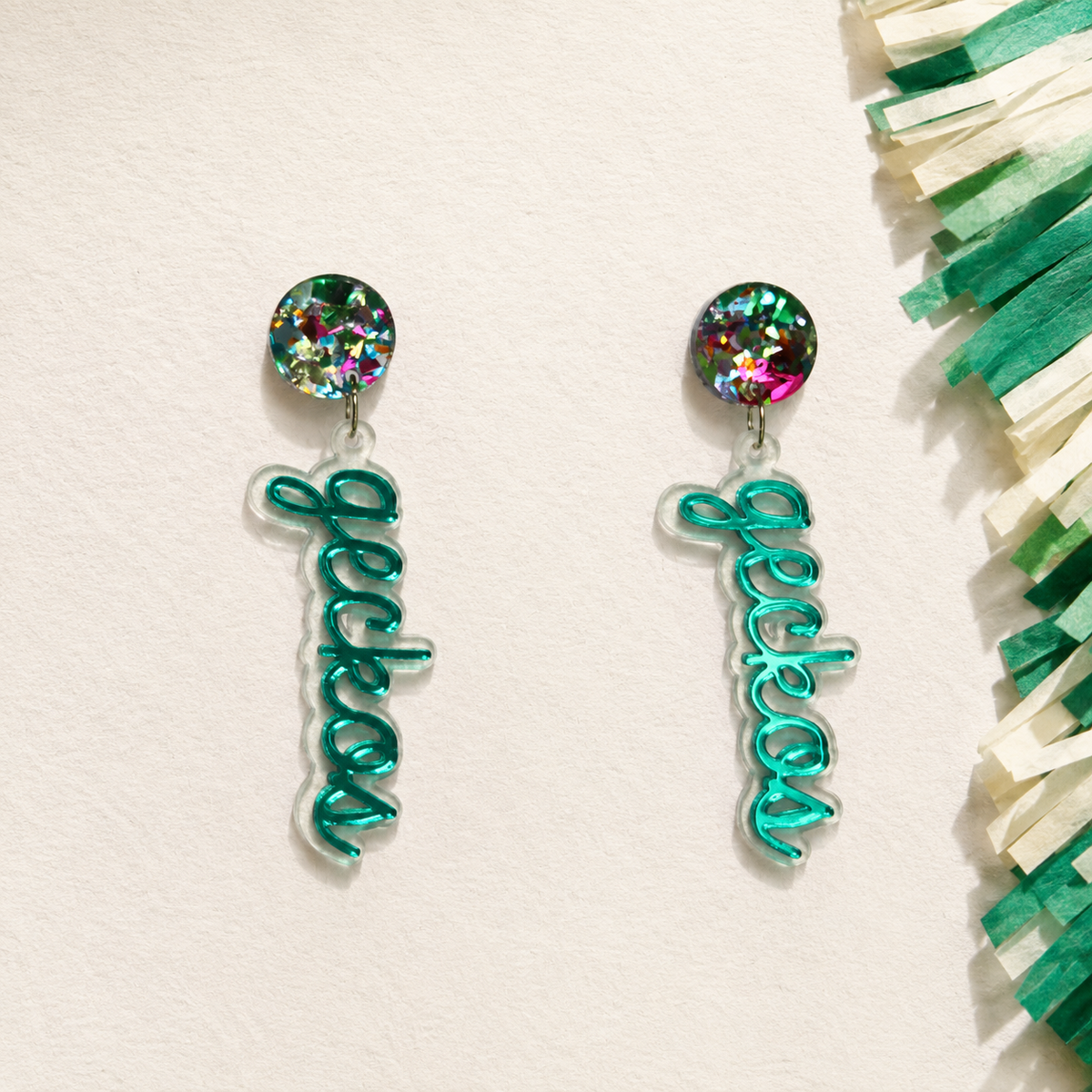 Green Gecko Glitter Script Dangles