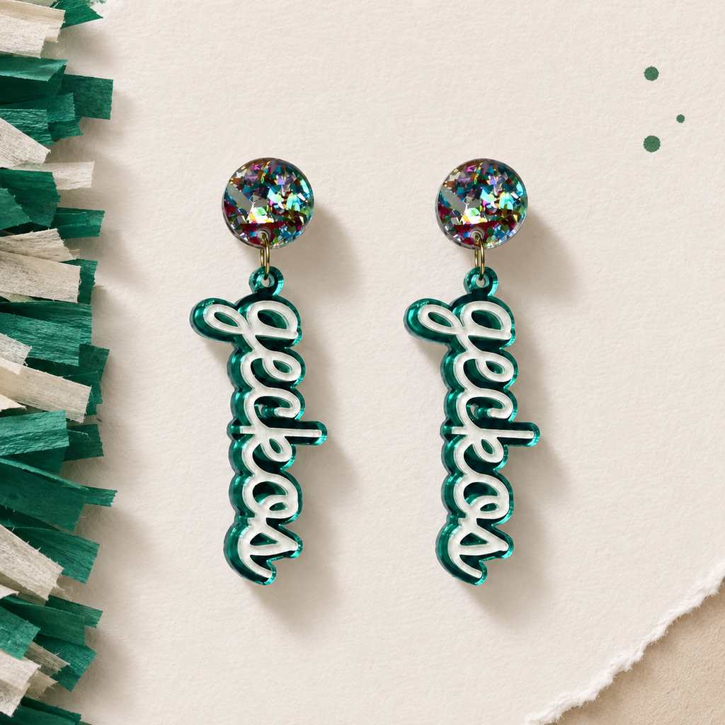 Glitter Gecko Script Dangles